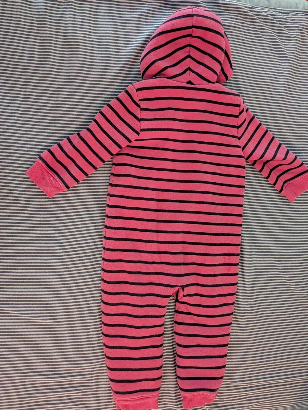 Baby Gap Pink and Black Striped Logo Hoodie One-piece Fleece Jumpsuit